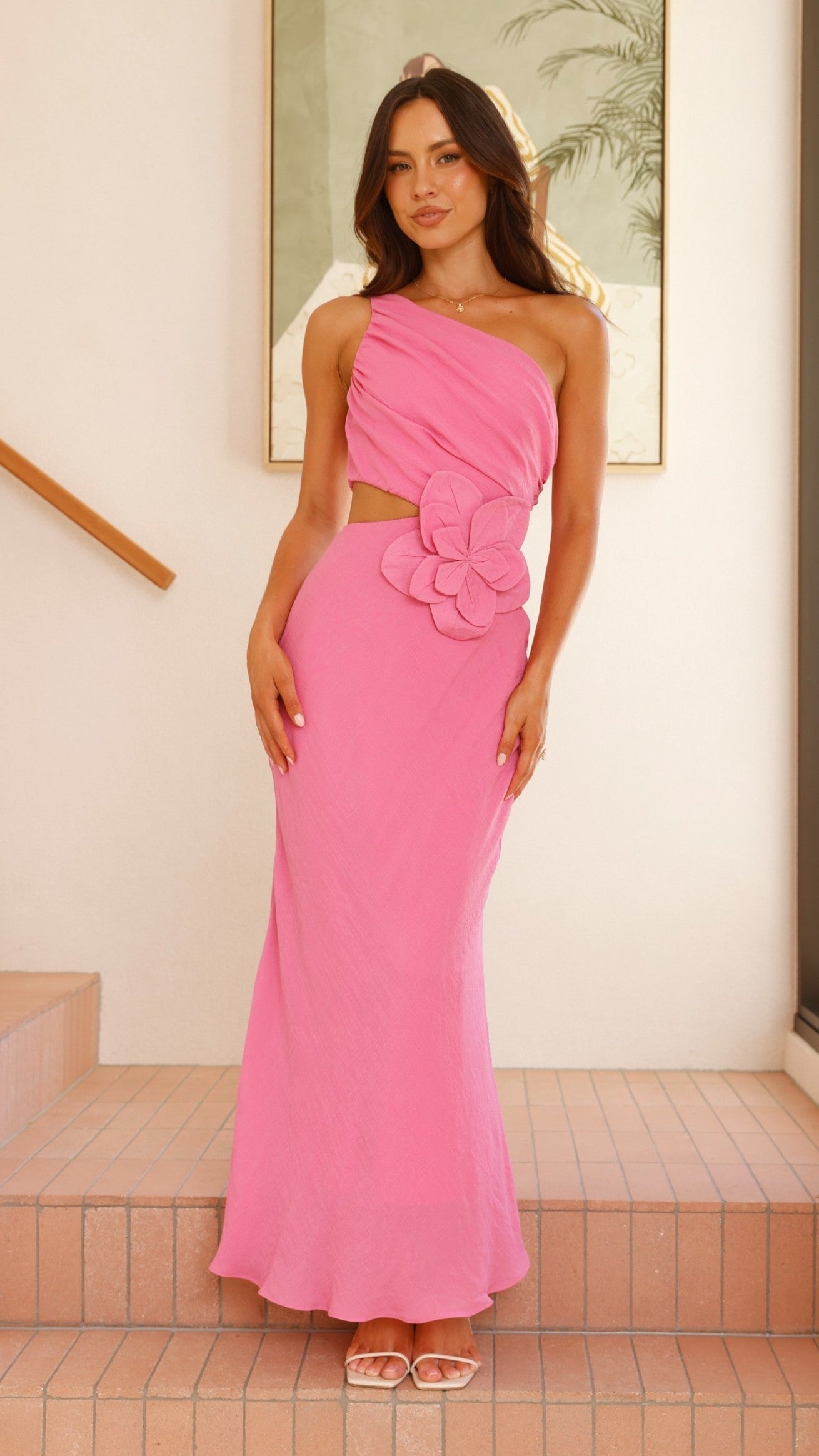 Bloom One Shoulder Cut Out Maxi Dress - Hot Pink