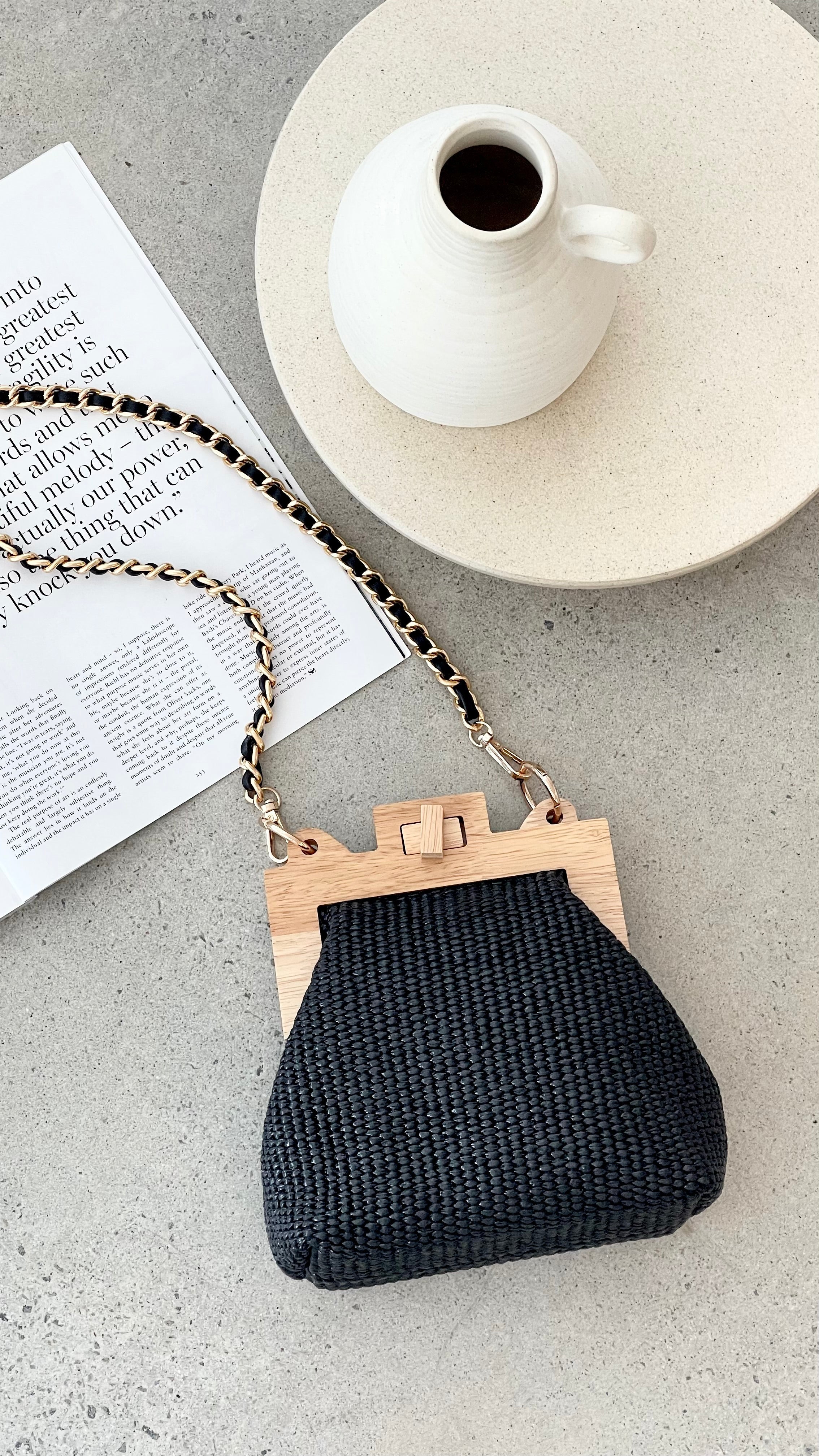 Abby Timber Frame Woven Mini Bag - Black