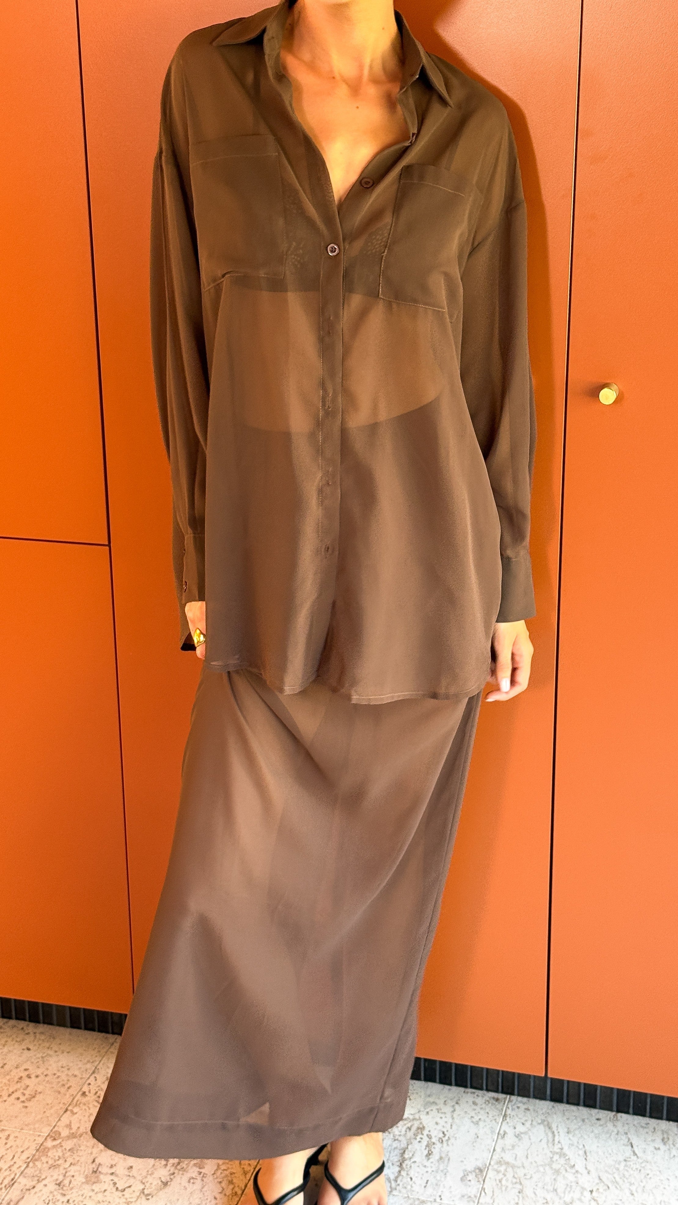 Adella Sheer Long Sleeve Top and Maxi Skirt Set - Chocolate
